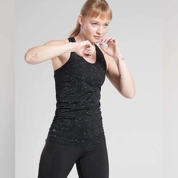 Athleta Speedlight Speckle Stretch Ruched Racerback Tank Black Speck Size S Yoga - Picture 2 of 14